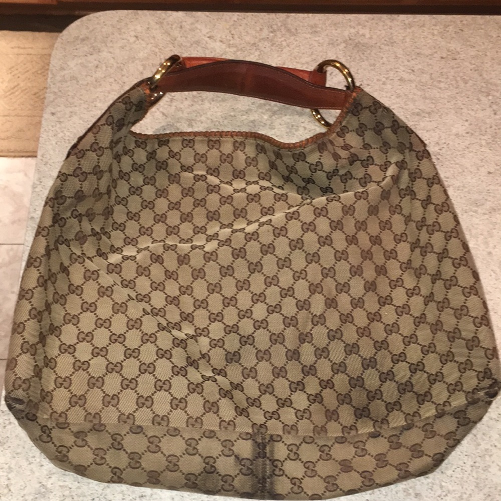 GUCCI LARGE CLOTH MONOGRAM HANDBAG LEATHER HORSEBIT HANDLE